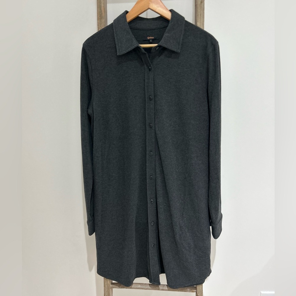 Quince Long Sleeve Shirt Dress Stretchy Gray Pockets Polyester Blend Women’s L